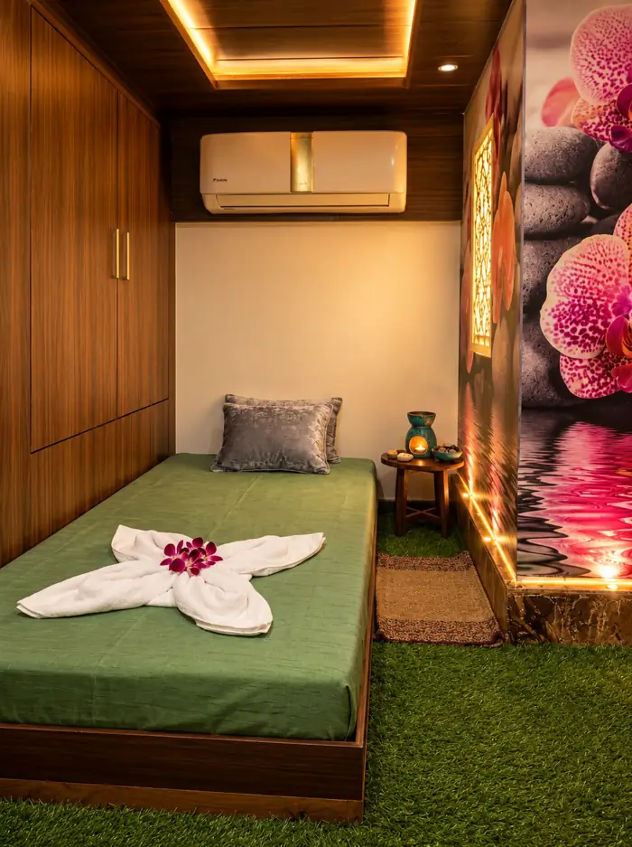 Thai massage room with orchid decor